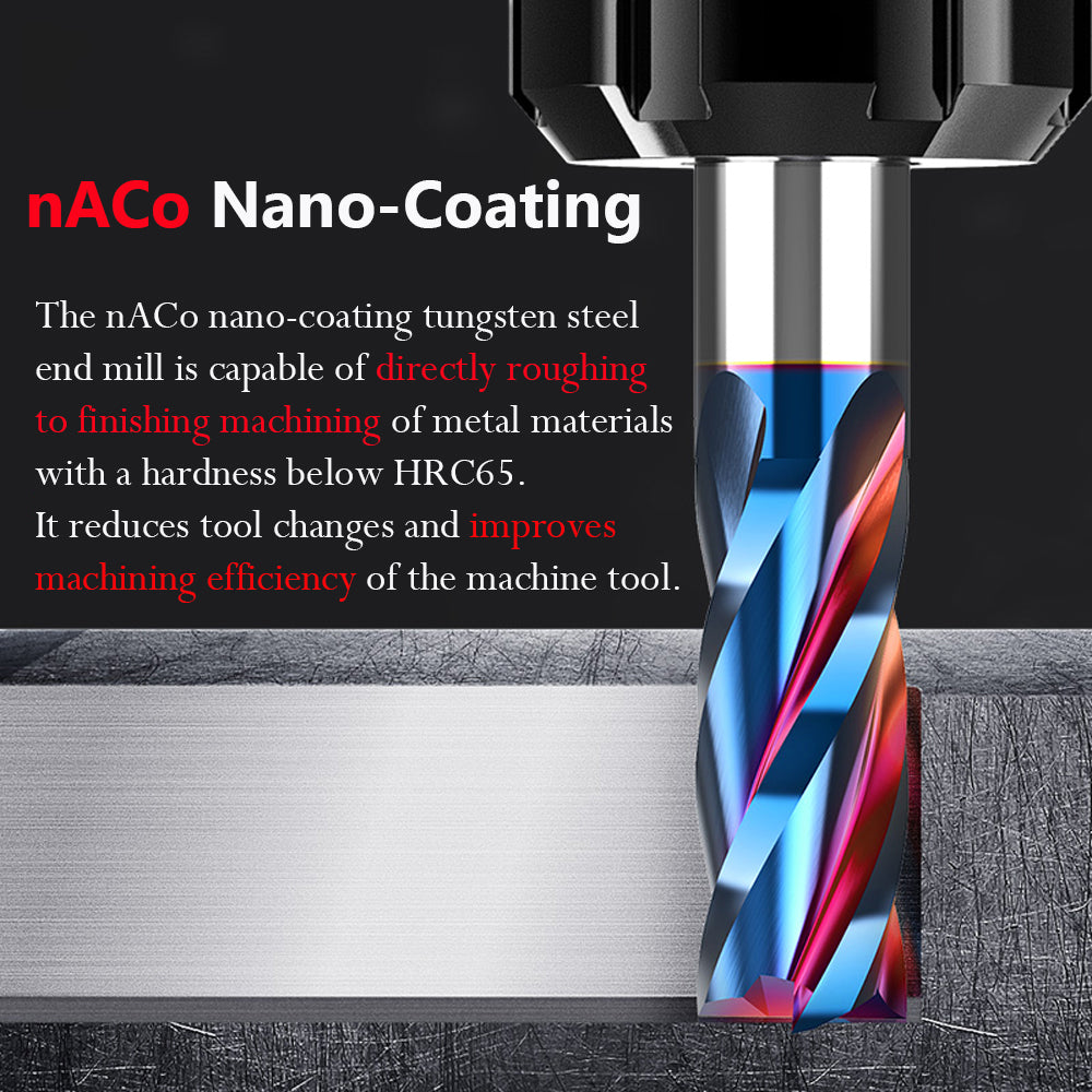 The nACo nano-coating tungsten steel end mill is capable of directly roughing to finishing machining of metal materials with a hardness below HRC65. It reduces tool changes and improves machining efficiency of the machine tool.