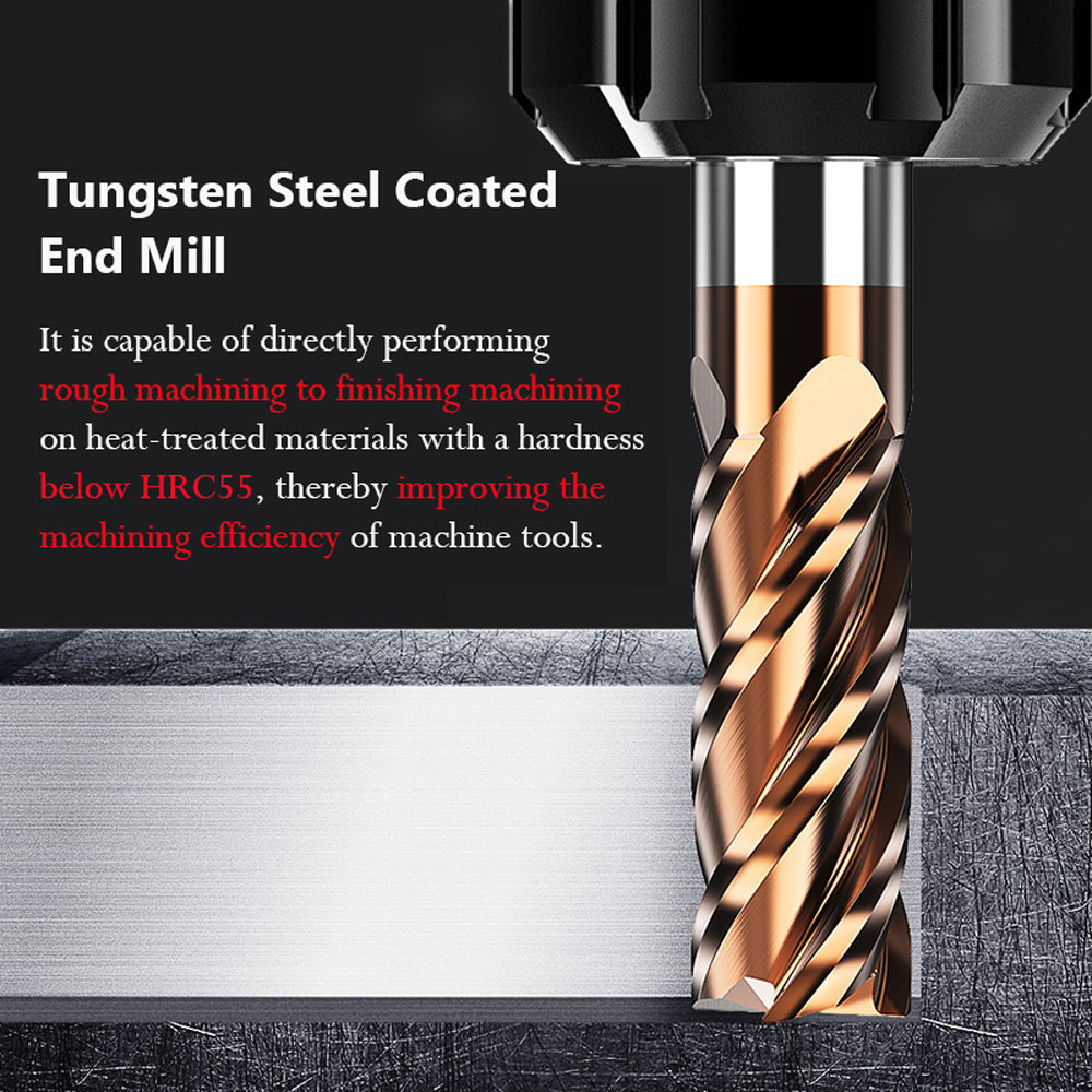 1.Tungsten steel coated end mills can directly perform rough to finish machining on heat-treated materials with a hardness below HRC55, thereby improving machining efficiency on machine tools.