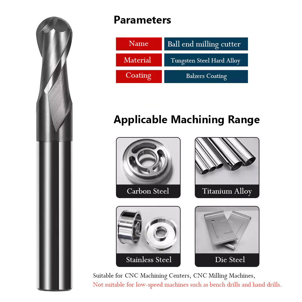 The ball-nose milling cutter is suitable for processing titanium alloy, stainless steel, carbon steel, and mold steel materials.