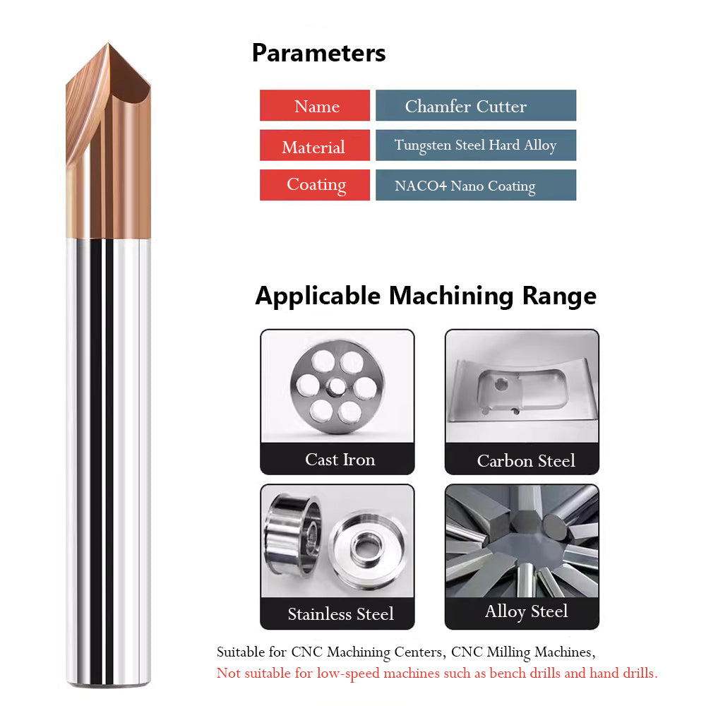 The chamfering cutter is suitable for machining aluminum and carbon steel materials.